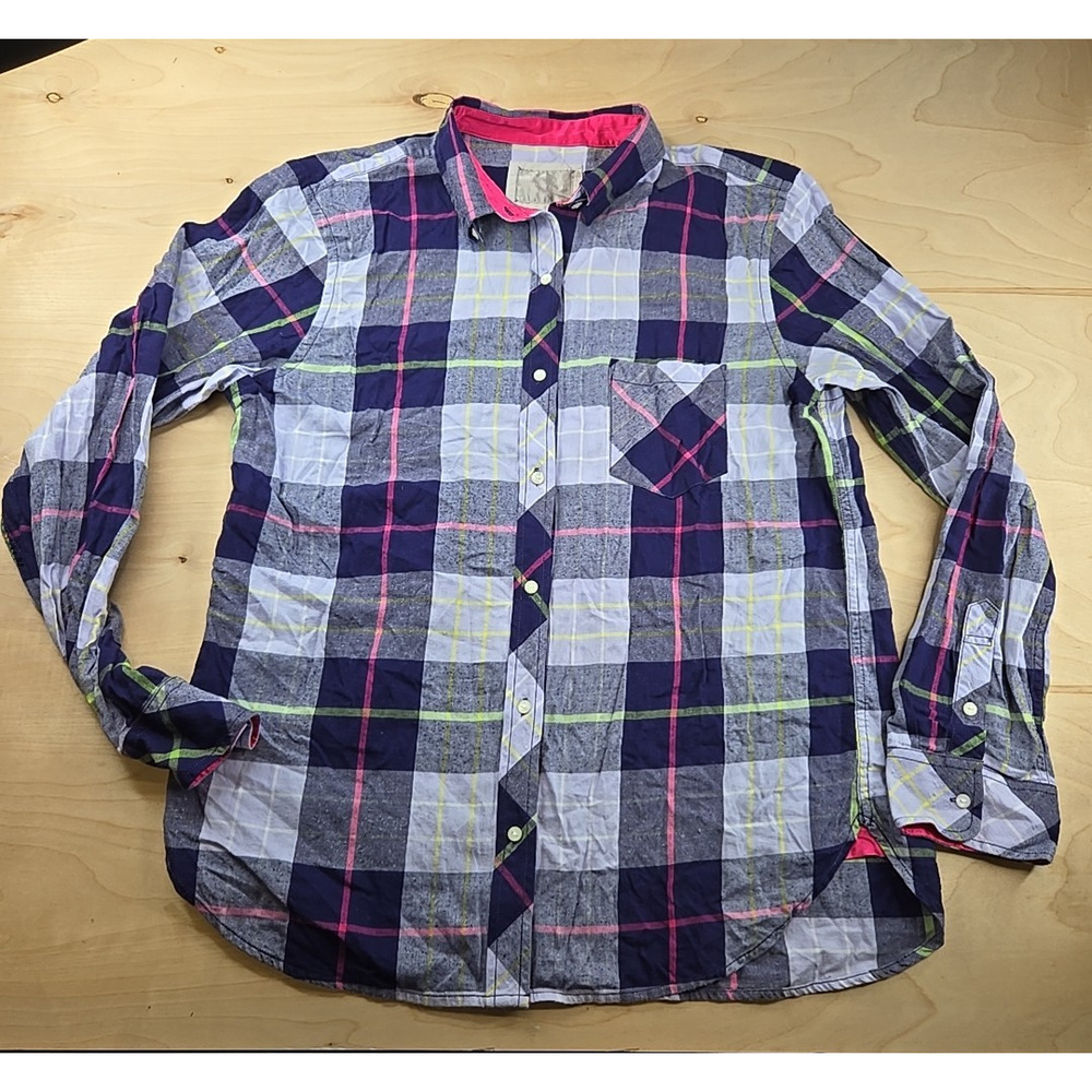 VICTORIA'S SECRET Boy Fit Collared Button Up Blue Plaid Sleepwear Shirt/Top Sz L
